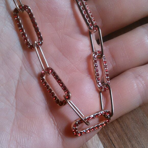 Red Austrian Crystal Paperclip Ion Plated Rose Gold Stainless Steel Necklace - Picture 7 of 10